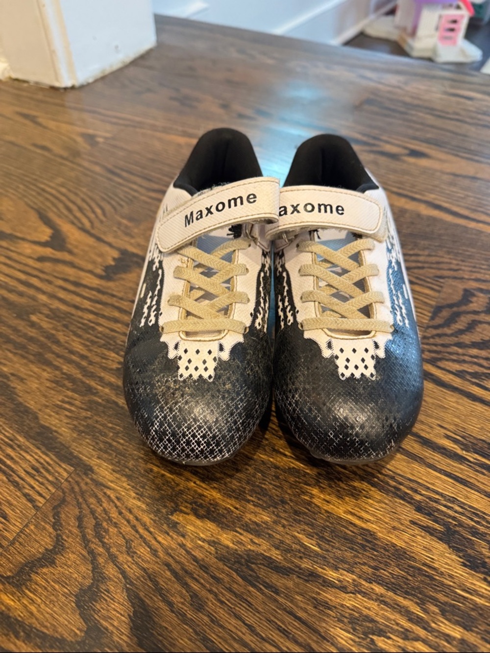 Kids Black and White Lace-Look Cleats with Hook-and-Loop Strap